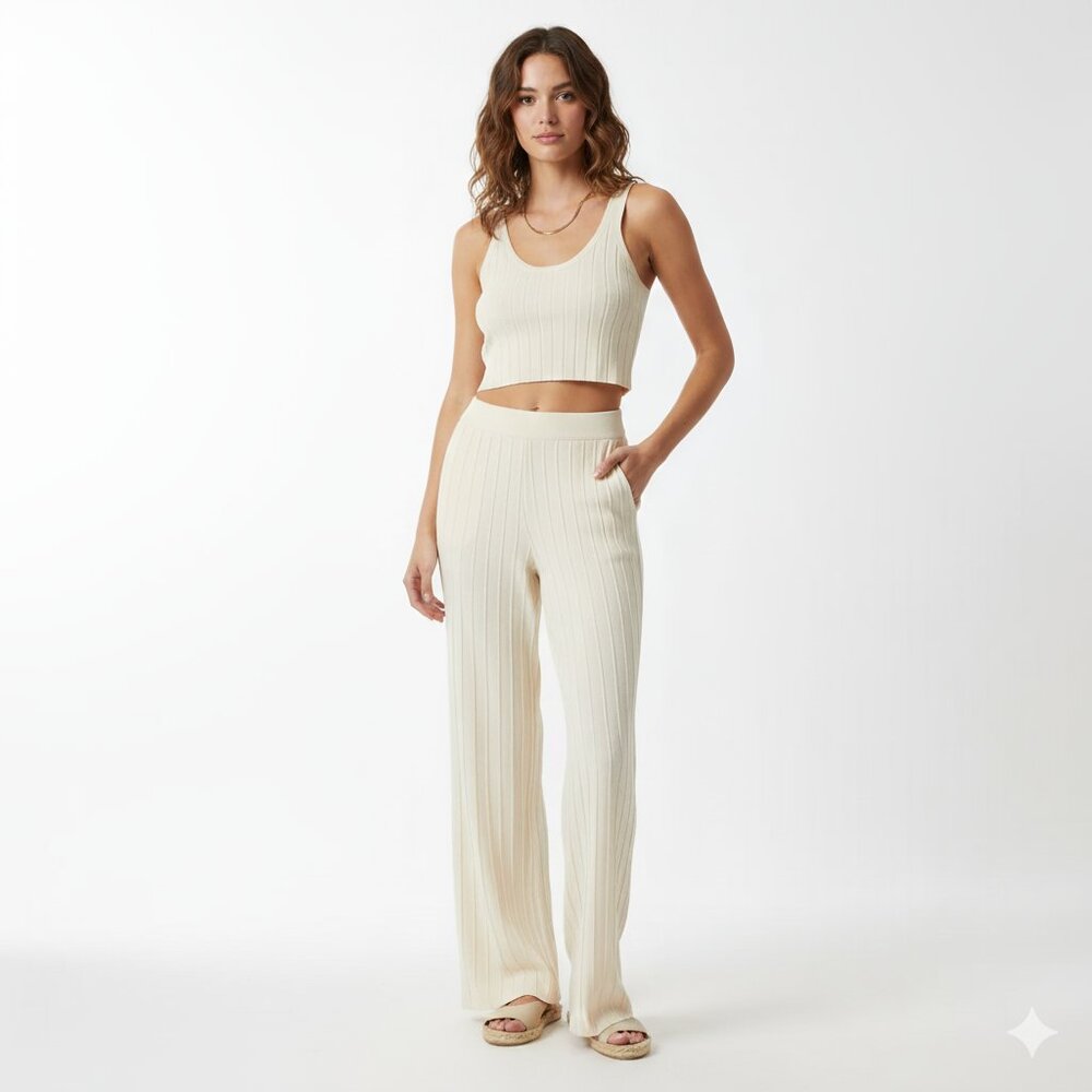 *Nasty Gal 50% Recycled Knitted Wide Leg Pant Cream High Rise